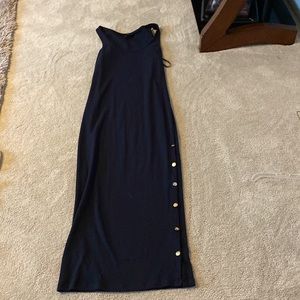 Long navy blue Ralph Lauren dress with gold buttons along the bottom
